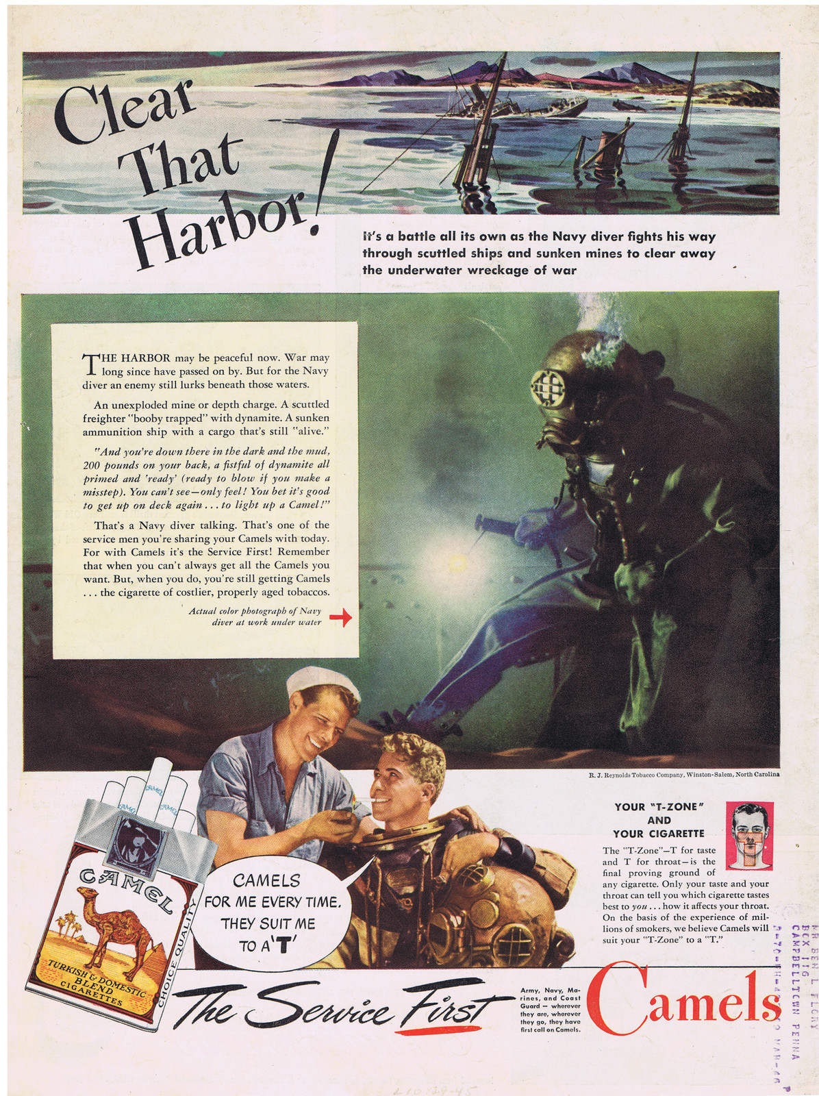 1945 Camel Cigarettes WWII Navy Diver, Deep Sea Diving Print Ad