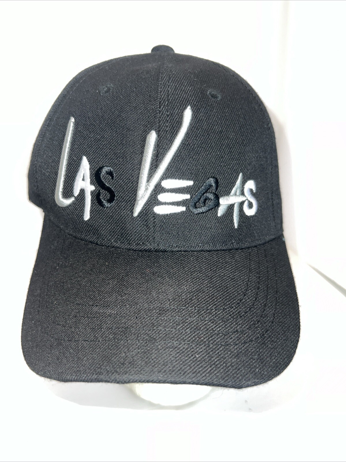 Las Vegas Black Hat Cap Embroidered Letters White Gray Black Hook Loop EUC