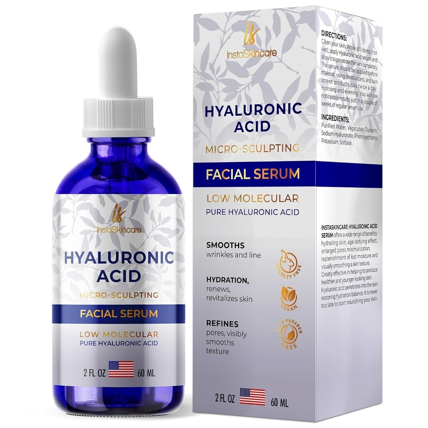 InstaSkincare Hyaluronic Acid Serum 2oz 100% Pure Facial Hydrating Serum