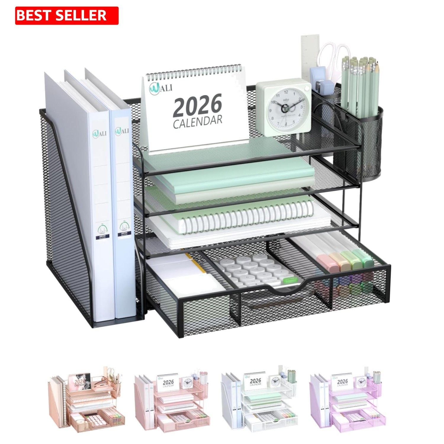Modern 4-Tier Black Desk Organizer: Sleek File Tray with Pen Holders & Drawer