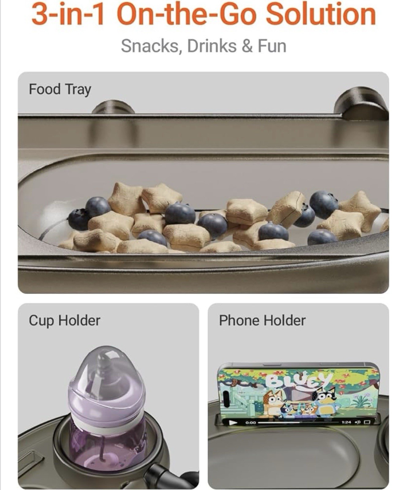 3-in-1 Universal Stroller Accessory Snack Tray with Cup & Phone Holder