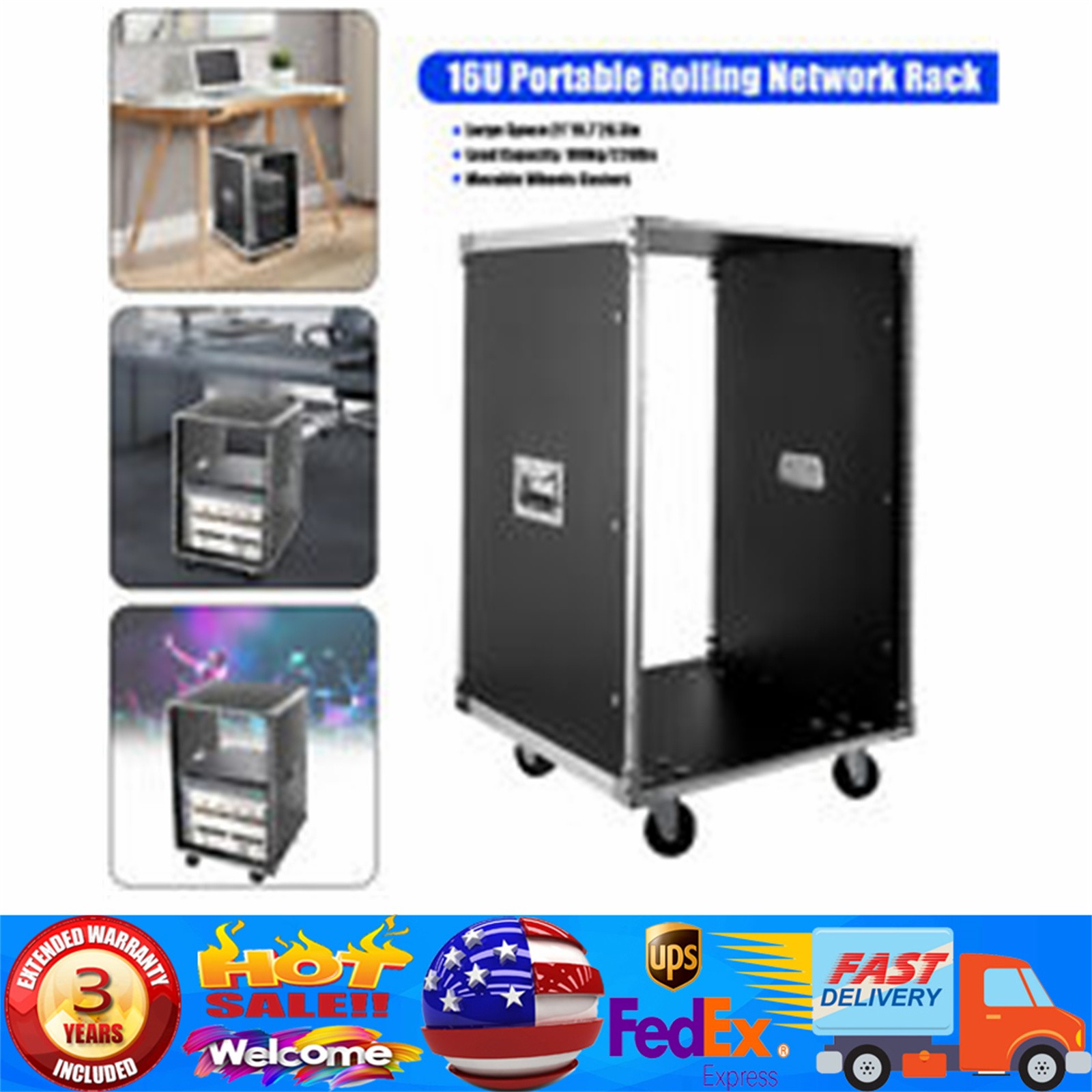 19 Inch 16U 4 Post Server Rack Open Frame Rolling Network Data Rack w/ Casters~