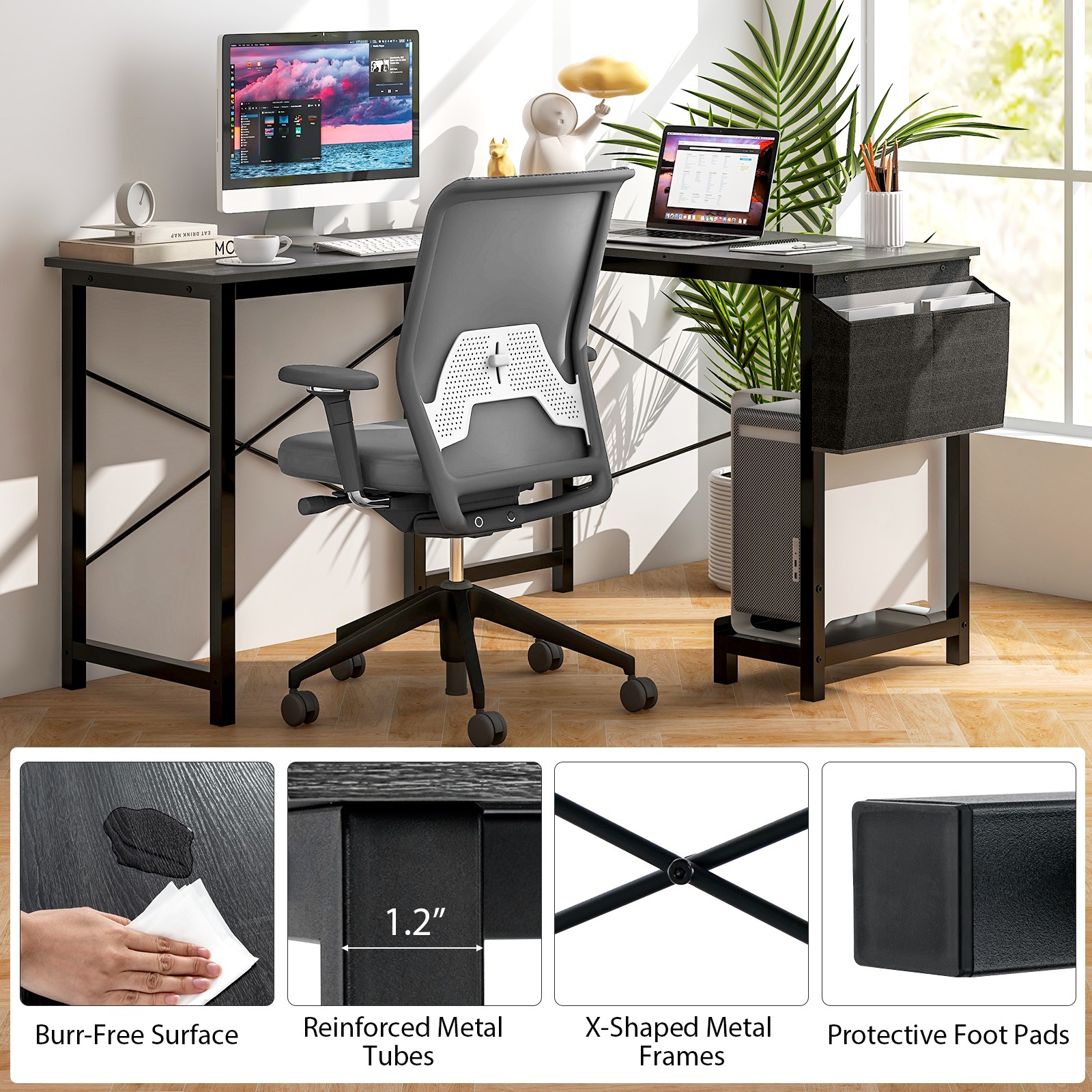 L-shaped Office Desk Corner Gaming Table w/ Storage Pocket & CPU Stand Dark Gray