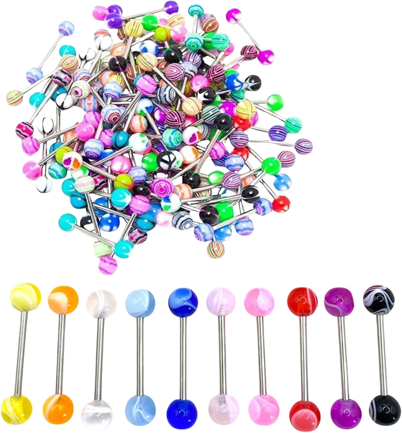 20Pcs Colorful Stainless Steel Tongue Rings Barbell Piercing Jewelry