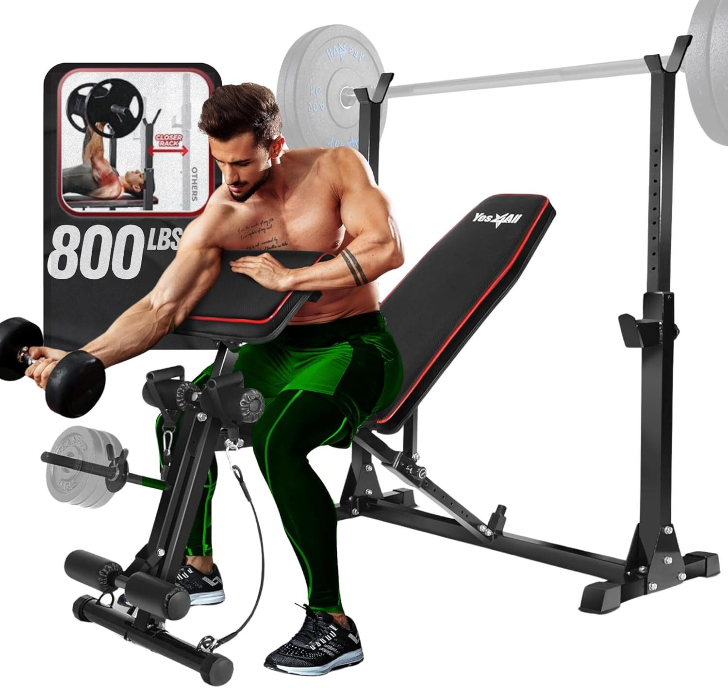 Adjustable Weight Bench with Rack, 800Lbs Workout Bench Press with Leg Extension