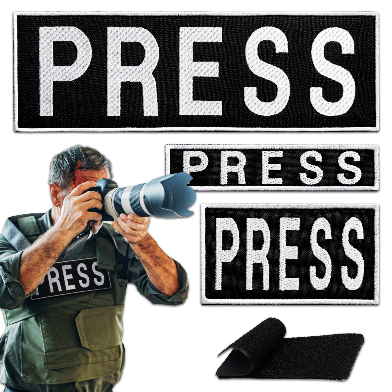 3-Piece Embroidered PRESS Patch for Vests, Jackets, Large & Small, Black & White