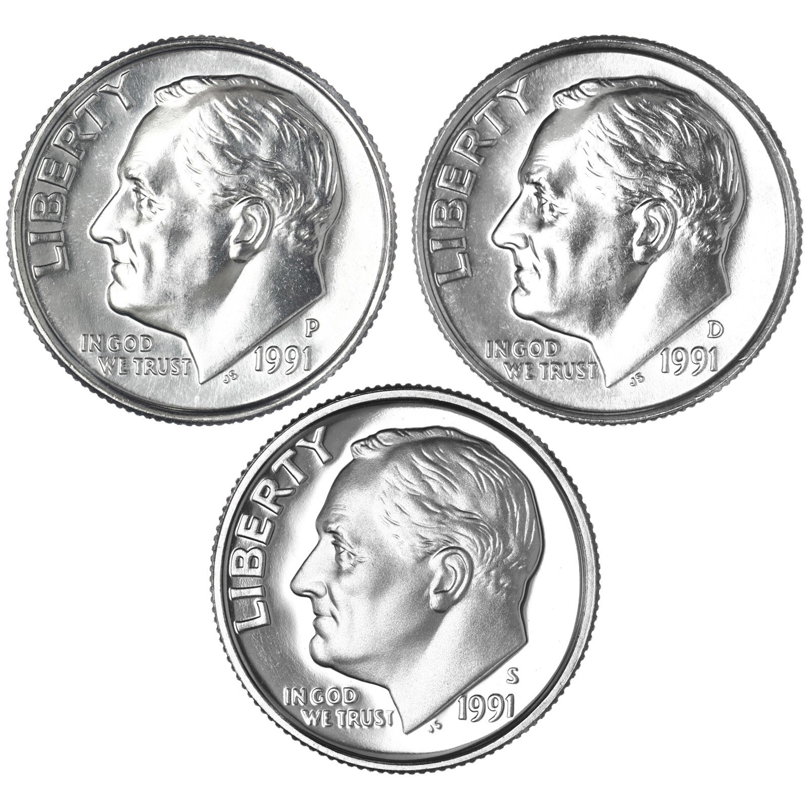 1991 P D S Roosevelt Dime Year Set Clad Proof & BU US 3 Coin Lot