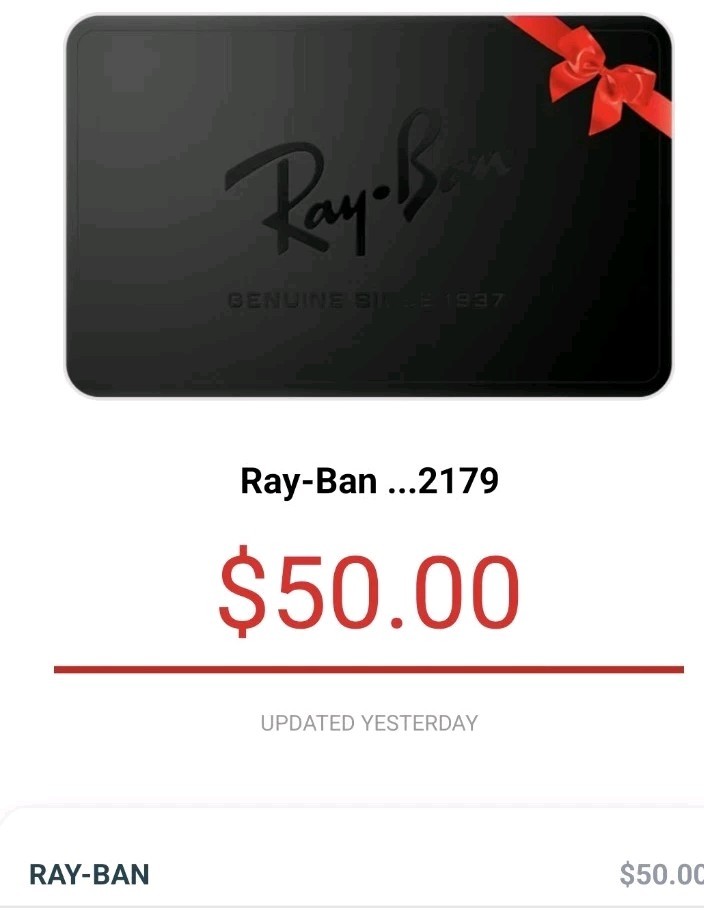 Ray-Ban Online Only Gift Card $50  US-Nationwide,No Expiration (Email Delivery)