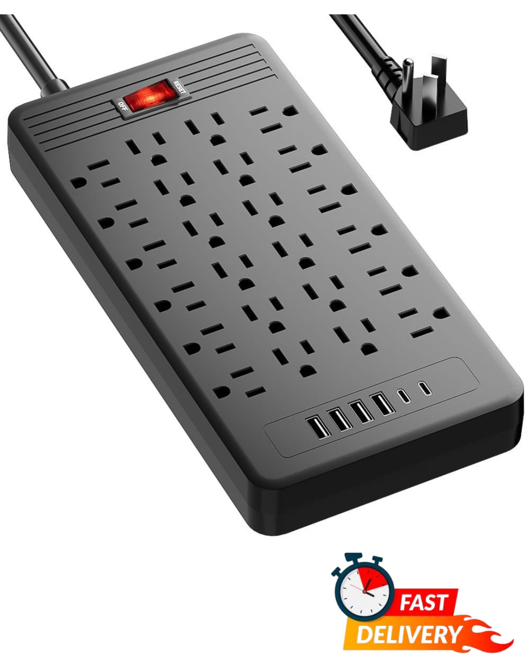 24 Outlet Surge Protector Power Strip 5ft Flat Plug Cord 4 USB 2 USB C Wall