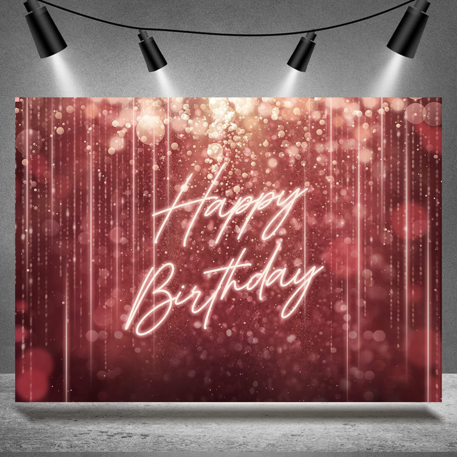 Happy Birthday Backdrop for Women Bokeh Spots Rose Gold Burgundy Glitter Phot...
