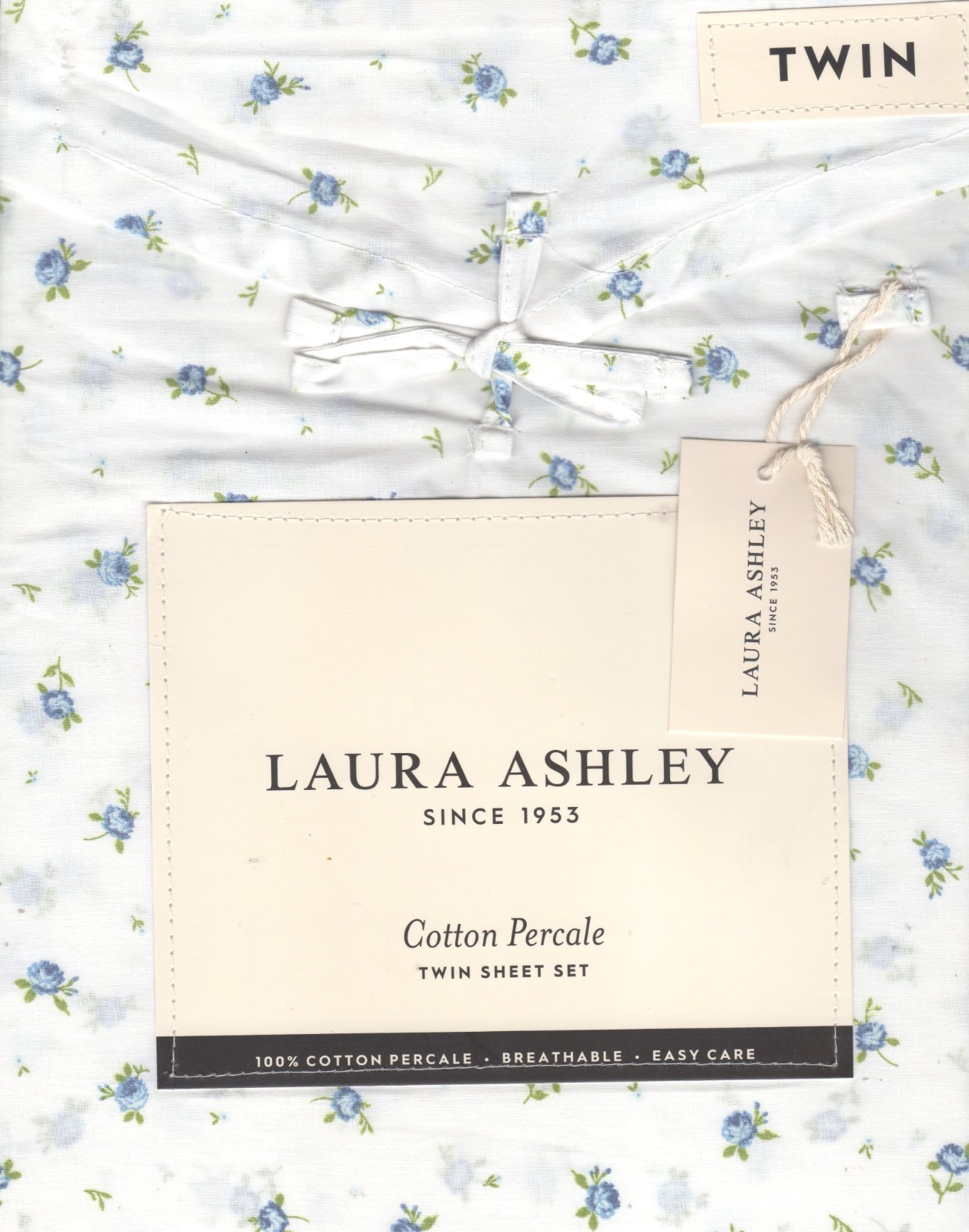 Laura Ashley Twin Sheet Set Rosy Day Blue 4pc Floral Green Farmhouse Cottage