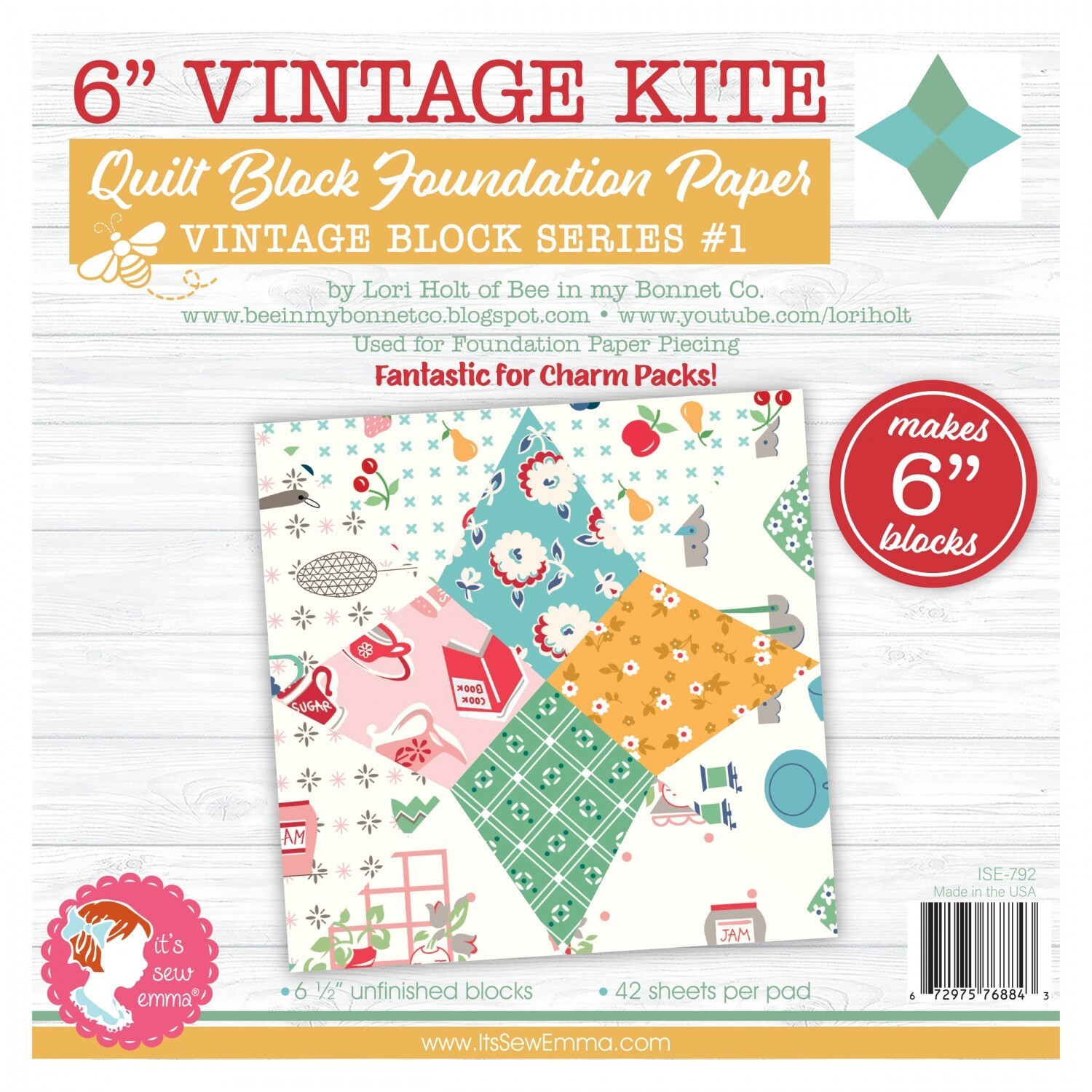 6in Vintage Kite Quilt Block Foundation Paper  By Lori Holt of Bee in my Bonnet