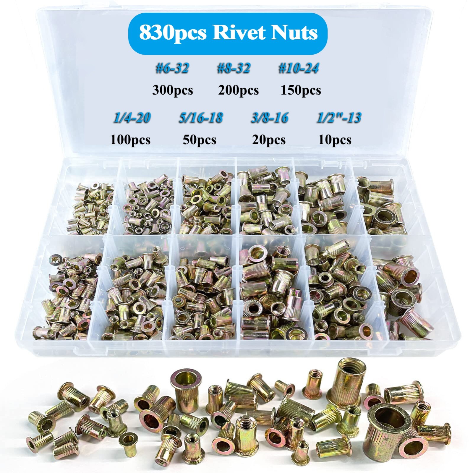 830PCs SAE Rivet Nut Kit For Rivnut Tool Nut Setter Thread Setting Nutsert Gun