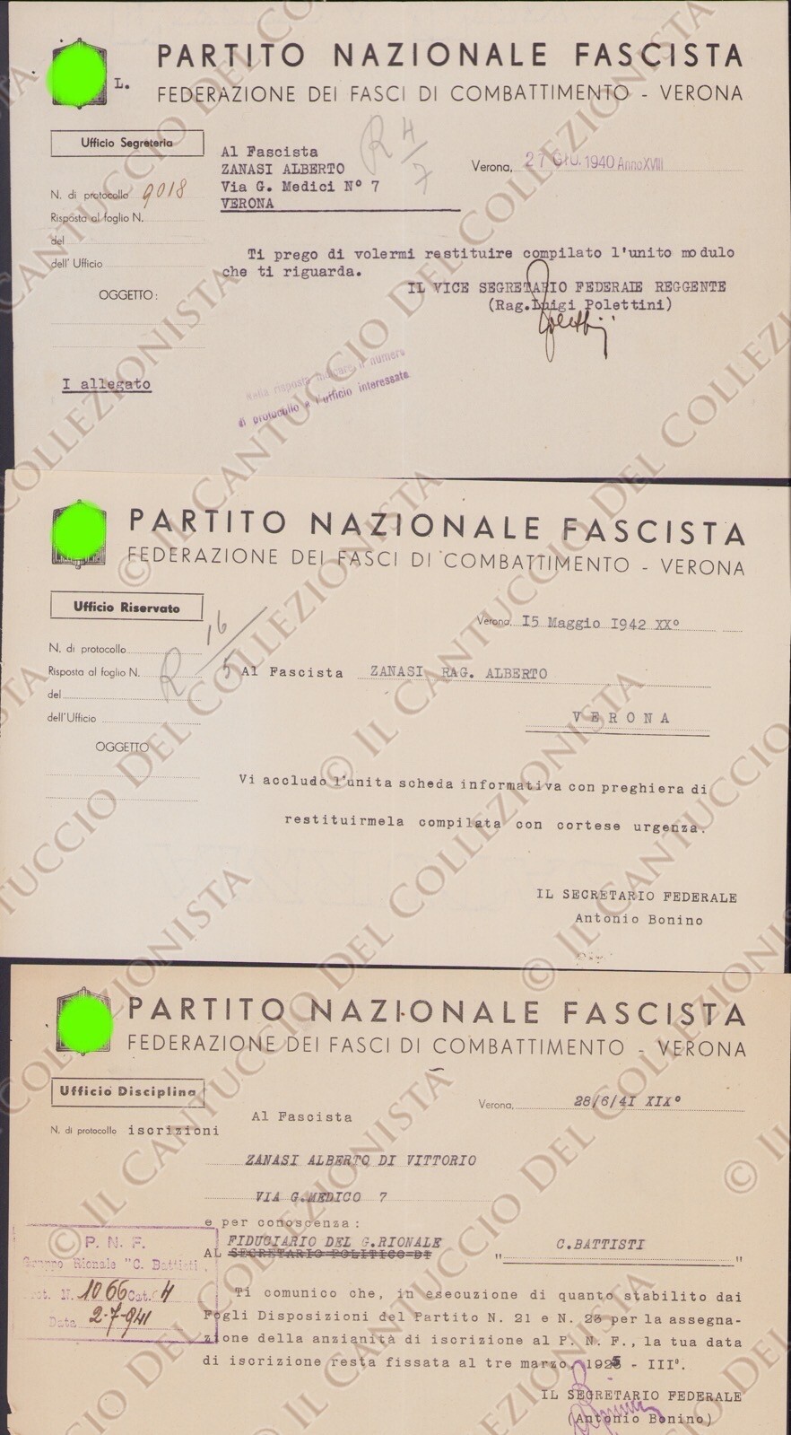1940-42 VERONA Partito Nazionale Fascista PNF Uffici LOTTO 3 documenti