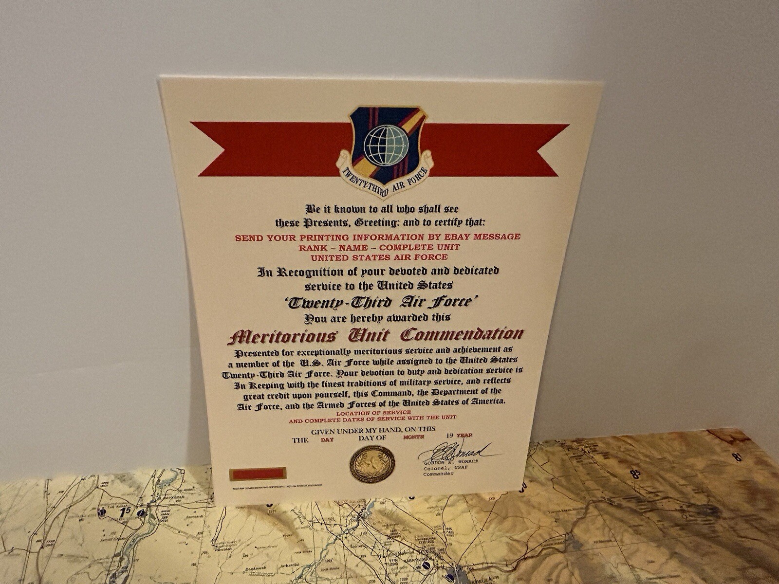 U.S. AIR FORCE / 23RD AIR FORCE - MERITORIOUS UNIT COMMENDATION CERTIFICATE