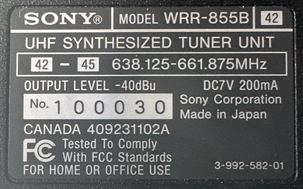 Sony WRR-855B UHF Synthesized Tuner Unit
