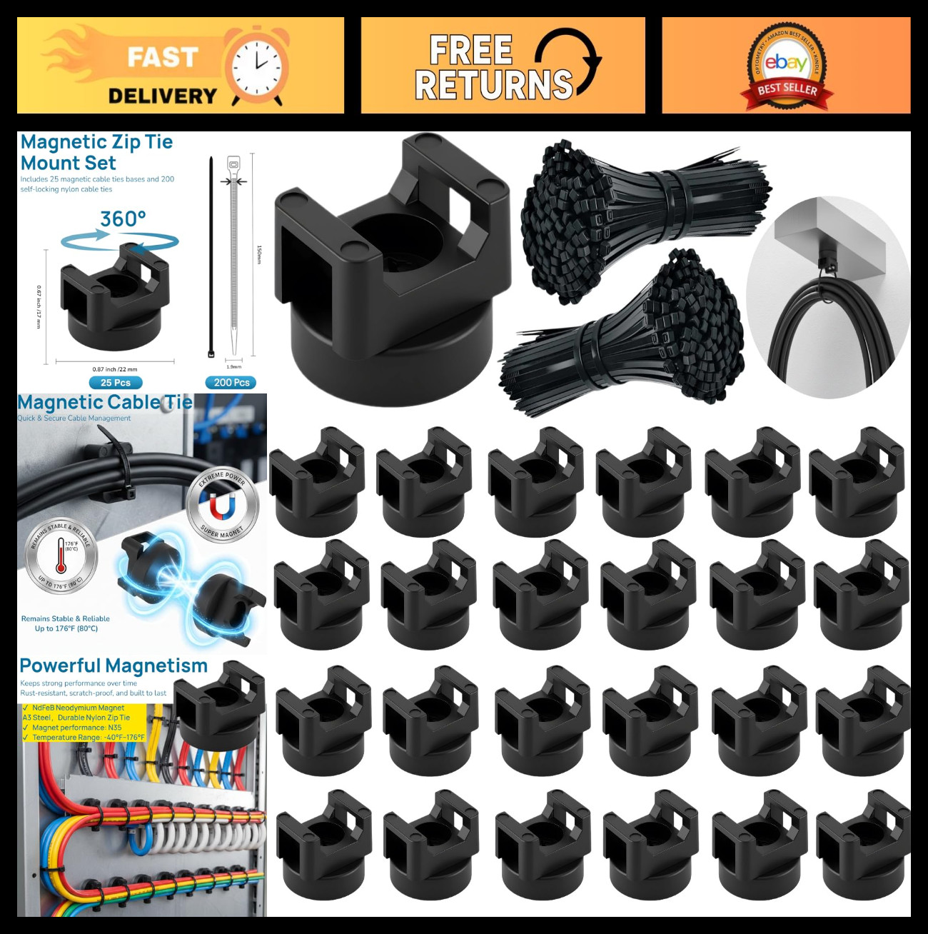 225 Magnetic Cable Ties Set - 200 Zip Ties & 25 Mounts, Strong Cord Organizer