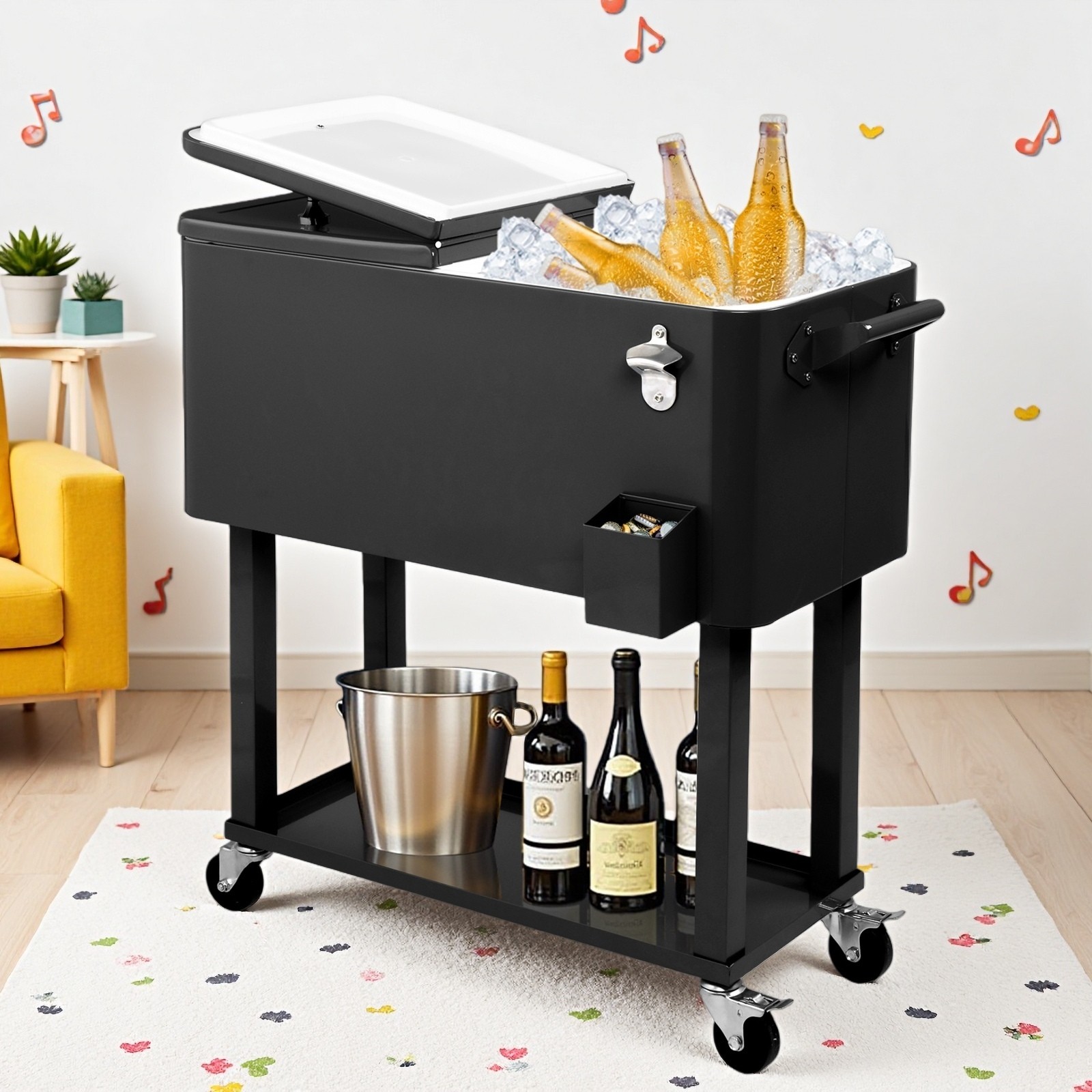 80QT Insulated Rolling Cooler Cart - Patio Outdoor Bottom Shelf Ice Chest Black