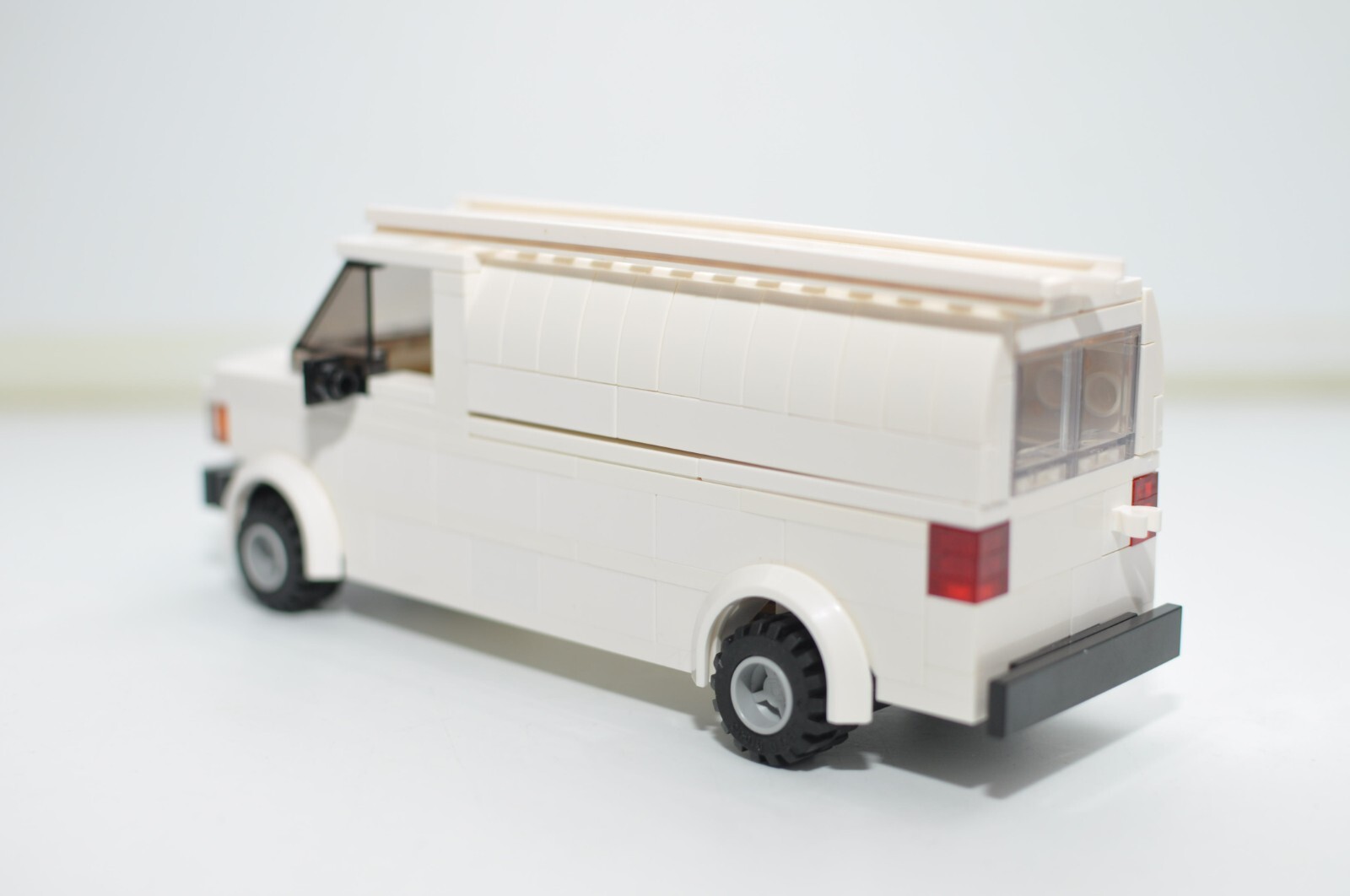 Custom White Work Van with Ladder Model Built and Compatible with LEGO® Bricks