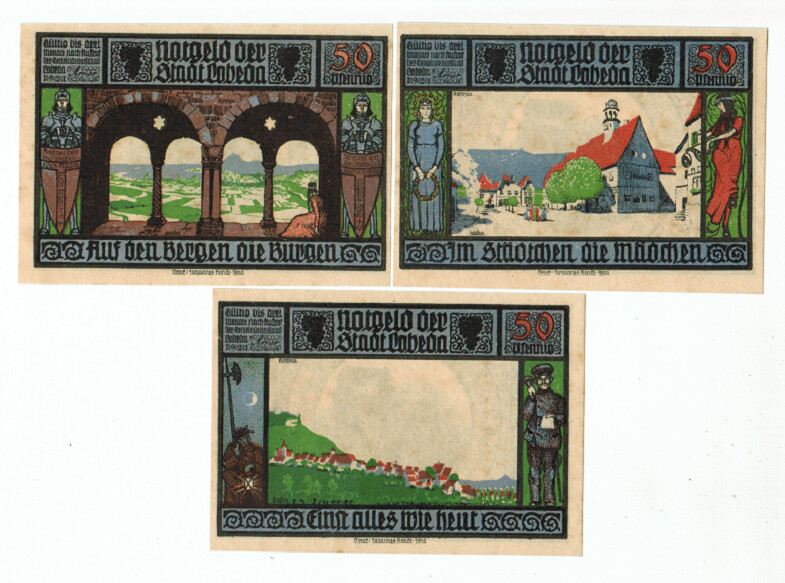SET OF 3 GERMANY NOTGELD 50 PFENNIG STADT-LOBEDA 1921 UNC