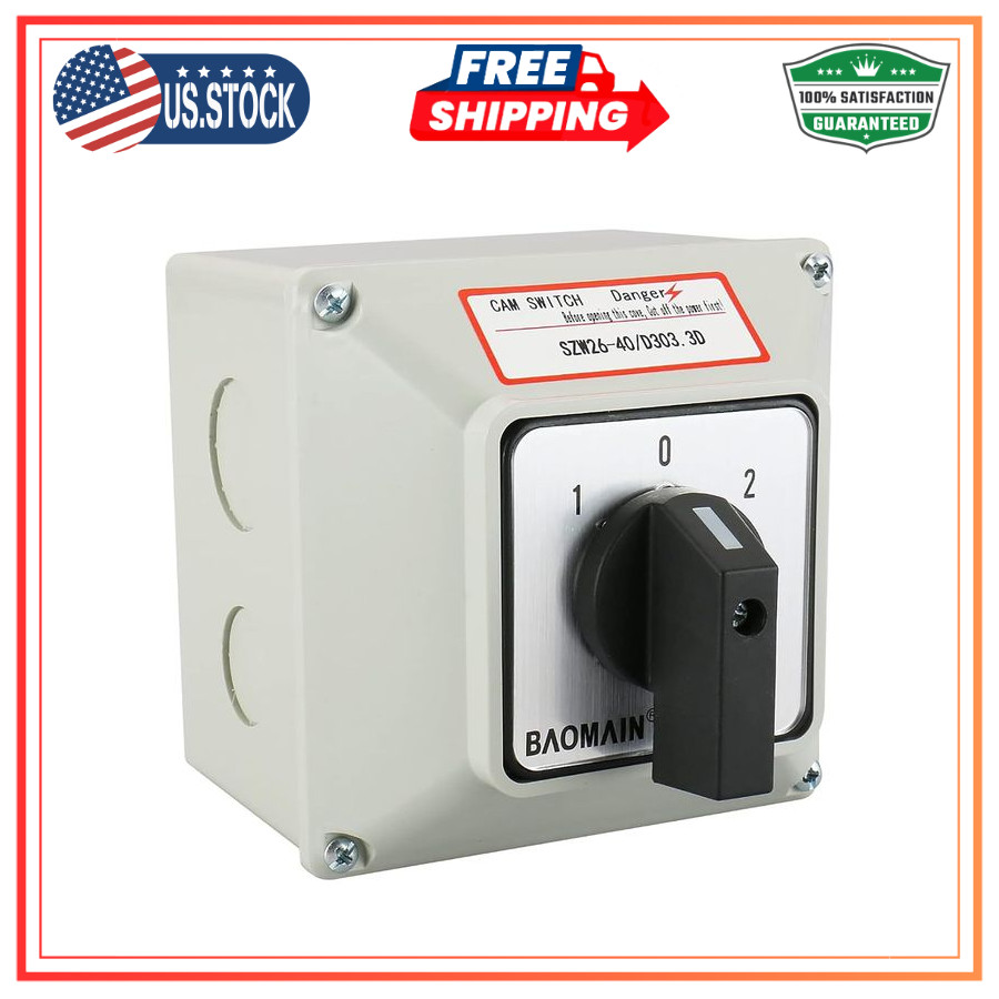 BAOMAIN 40A 3 Phase 3 Position Rotary Changeover Switch 1-0-2 Motor Control