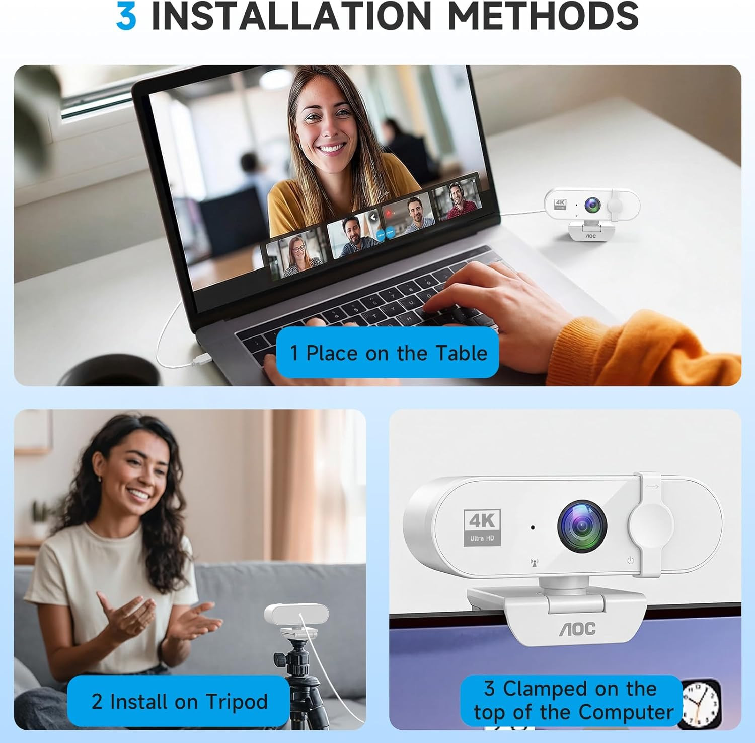 White 4K Webcam for PC with Microphone, Computer Camera with Noise