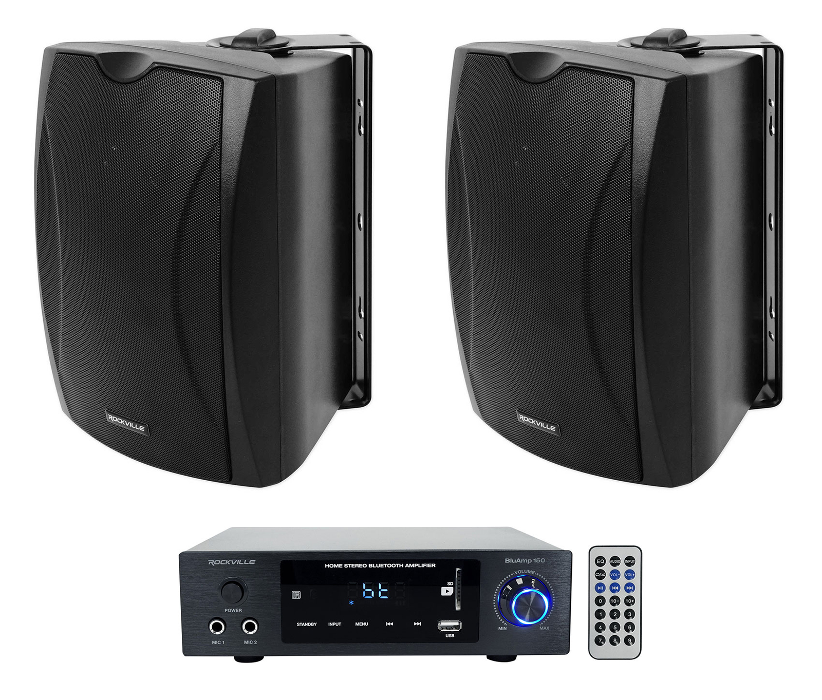 Rockville BLUAMP 150 Stereo Bluetooth Amplifier Receiver+2) Black Patio Speakers