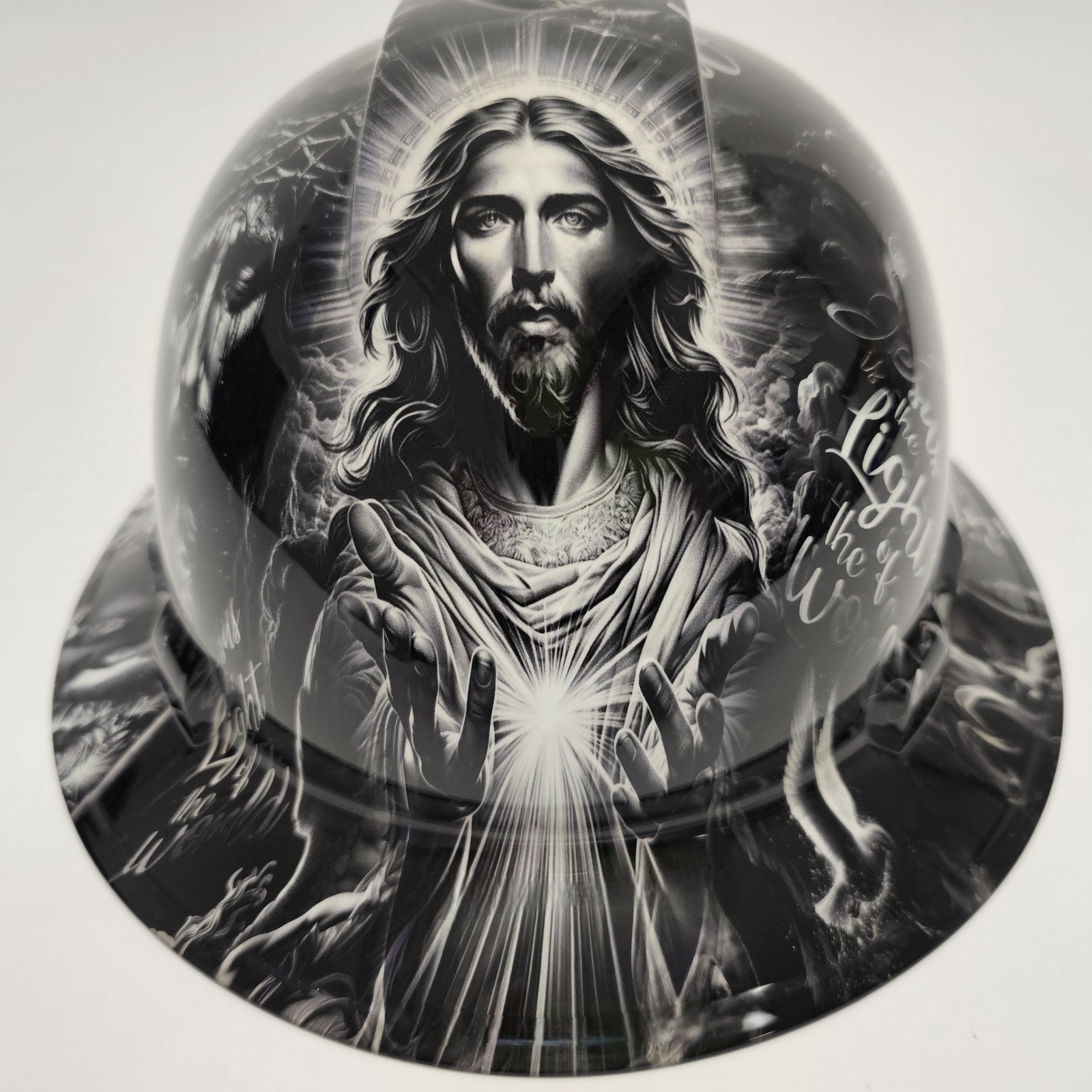 full brim hard hat custom hydro dipped IN JESUS LOVING ARMS LIGHT OF THE WORLD