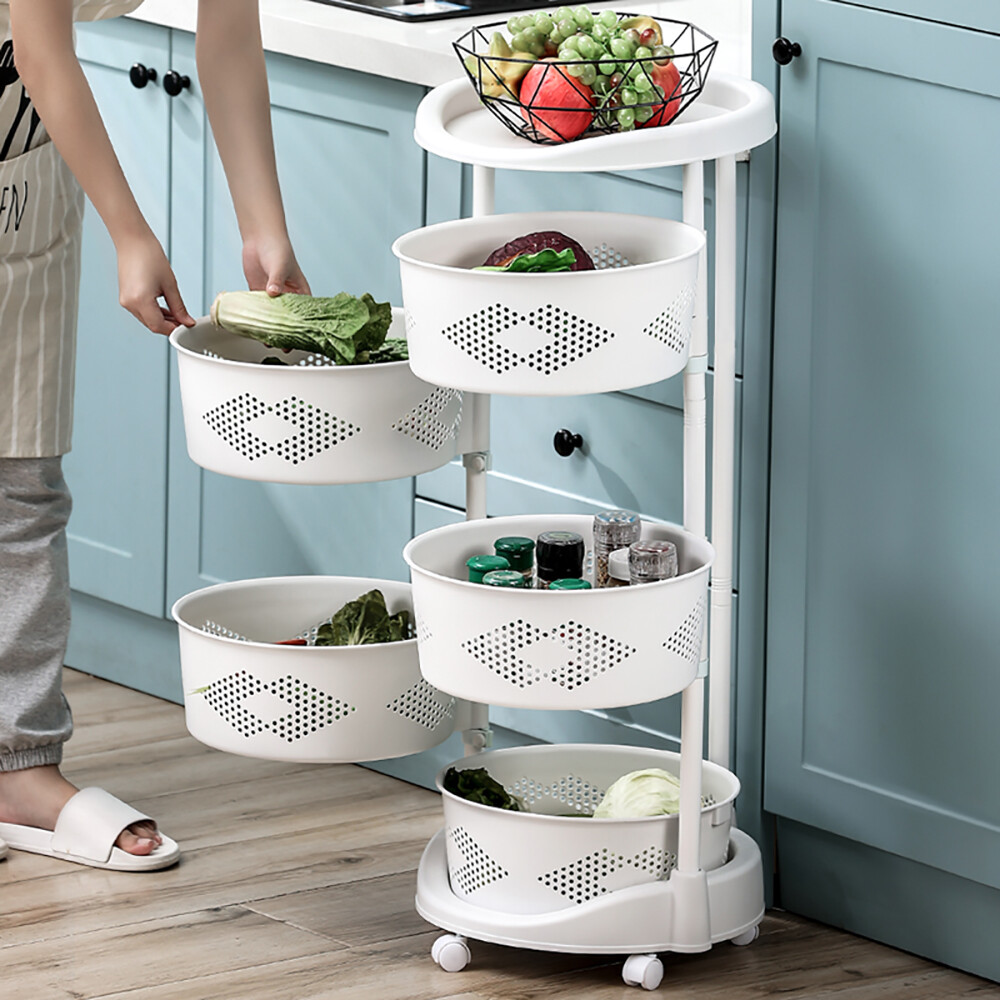 5 Layer Kitchen Rotating Organizer Rack Fruit Vegetable Storage Basket w/ Wheels