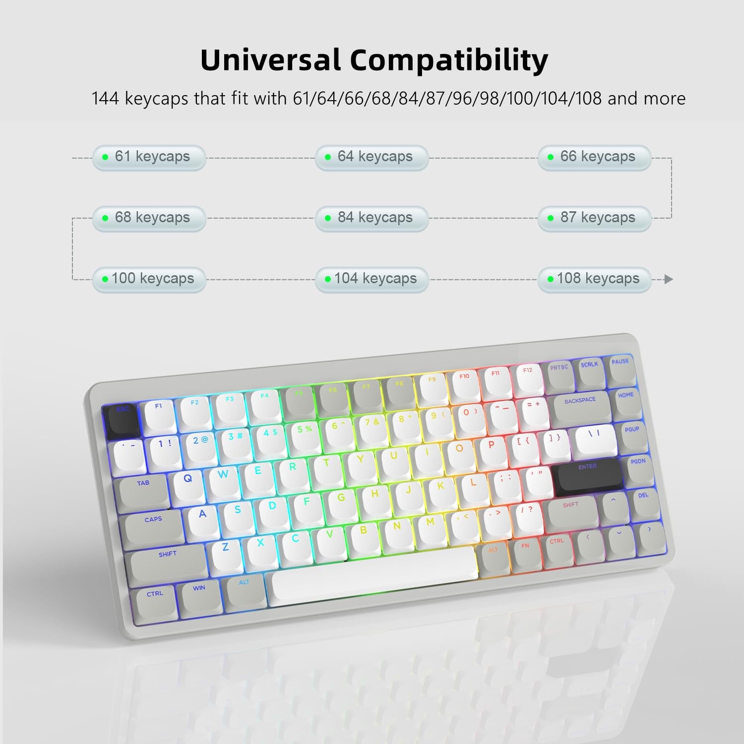 Grey White Low Profile Shine Through PBT Keycaps Set Full Size MX Switch
