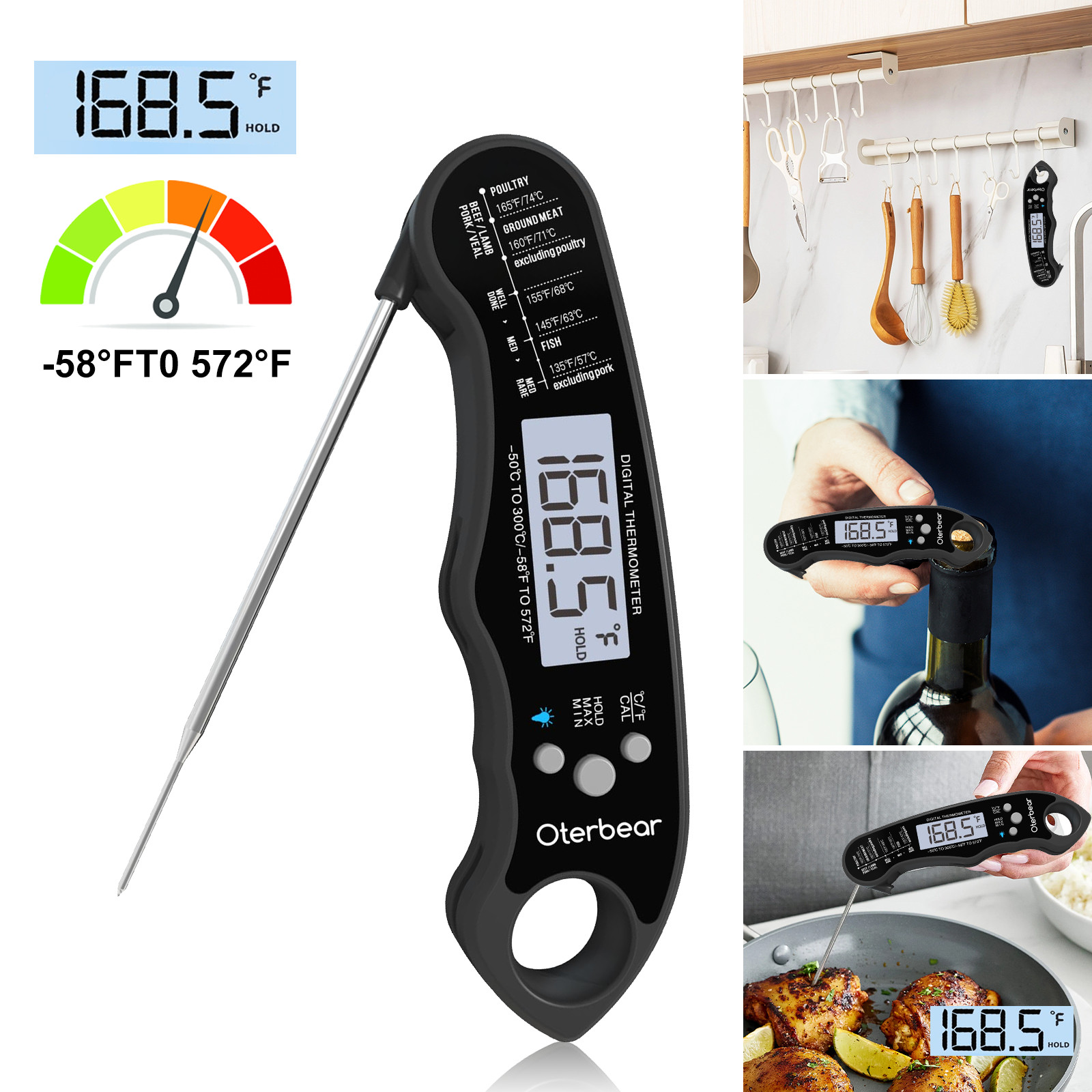 Real time reading of numbers by food thermometer suitable for grilling meat