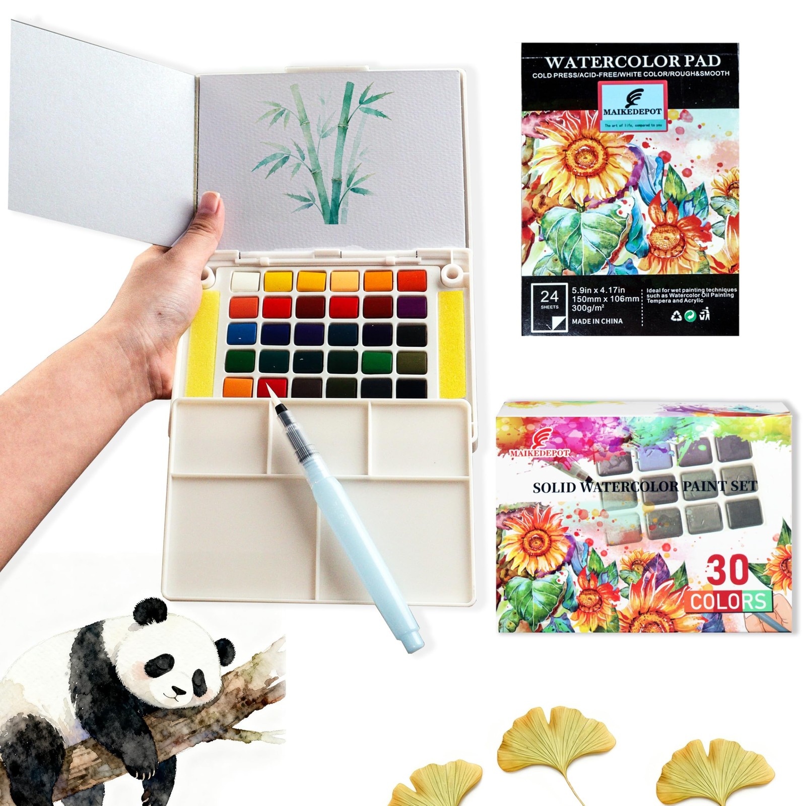 Portable Watercolor Paint Set - 30 Colors Travel Watercolor Kit with Water Br...