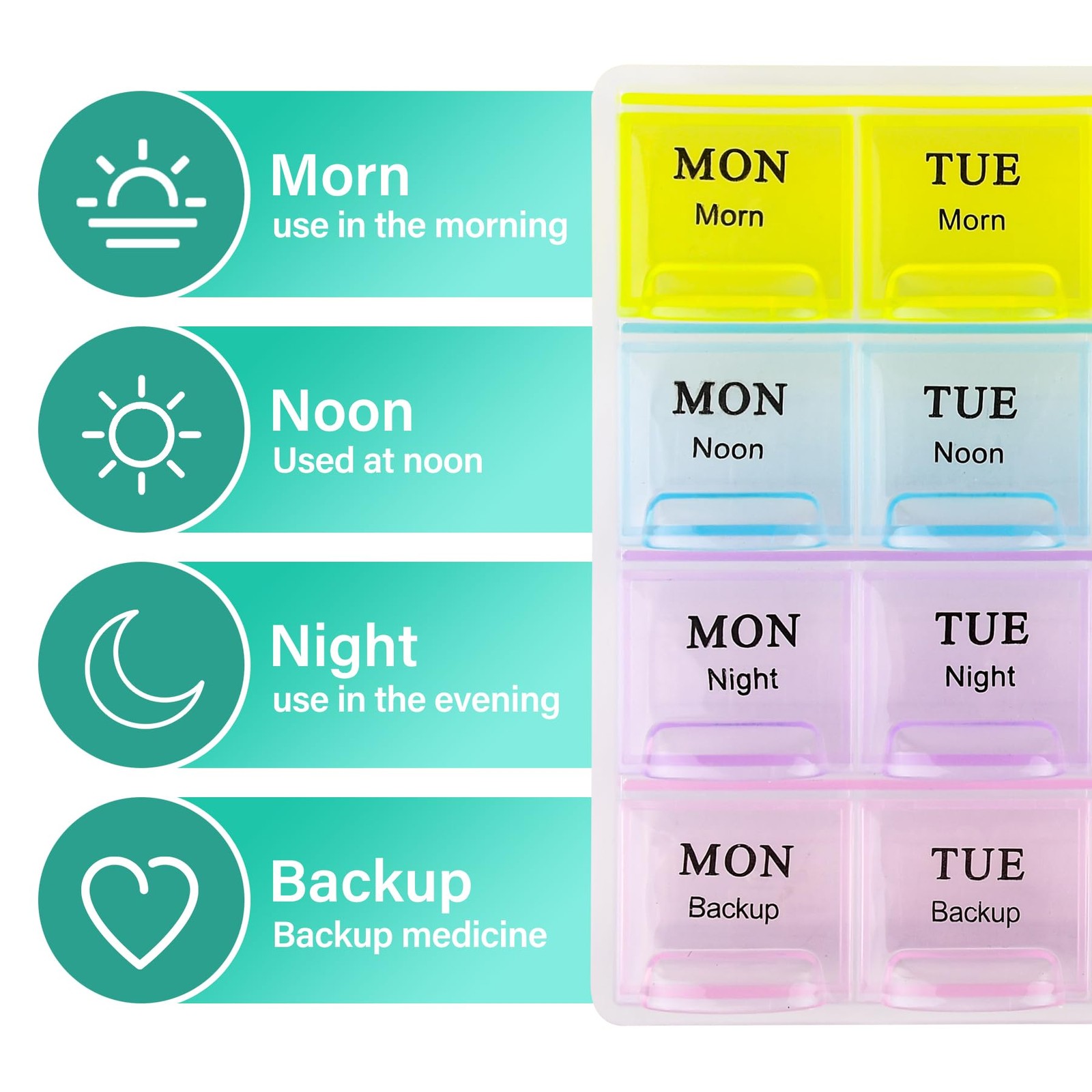 7-day weekly pill organizer, pillbox for 4 daily uses