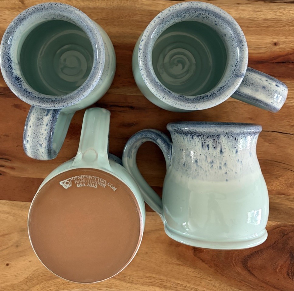 4 Deneen Pottery 2018 Round Belly Mugs Aqua with Drip Glaze- Unused-more avail.
