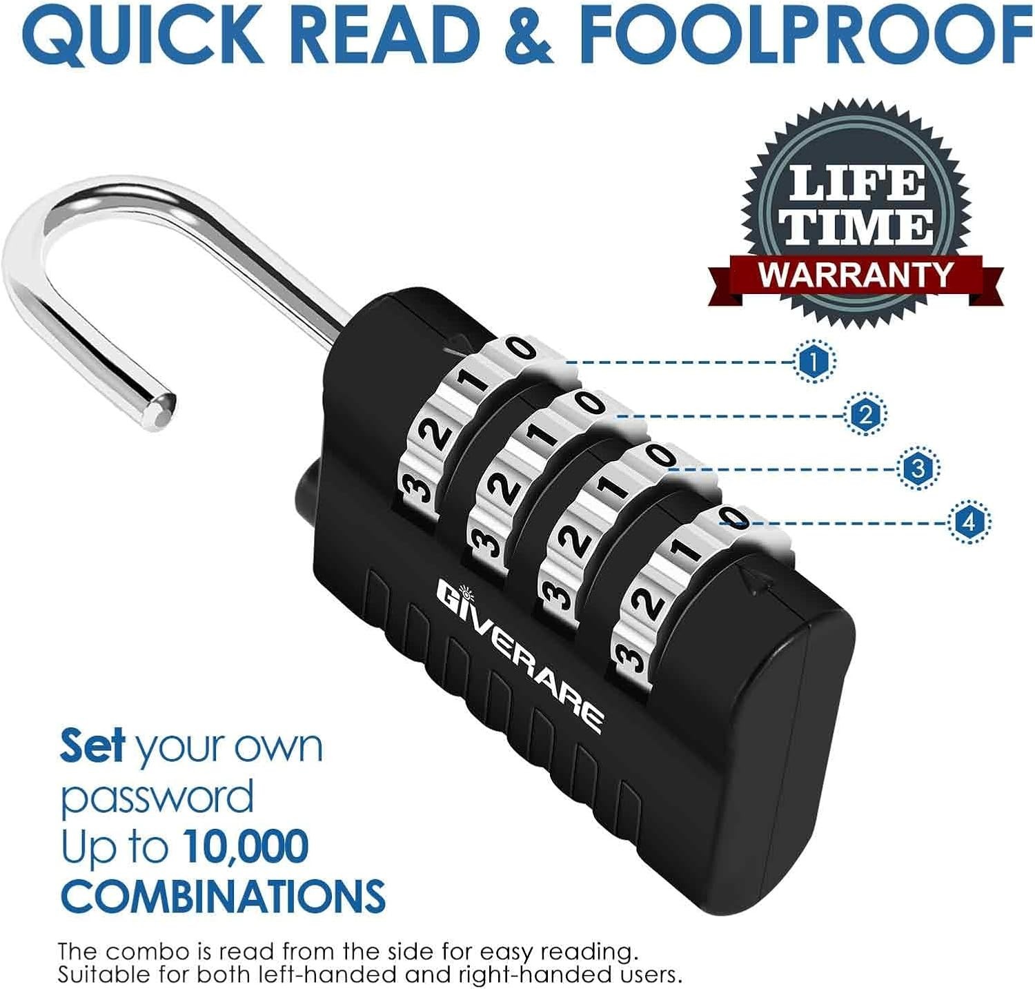 4 Pack Keyless 4-Digit Combination Lock - Lightweight, Weatherproof Padlocks