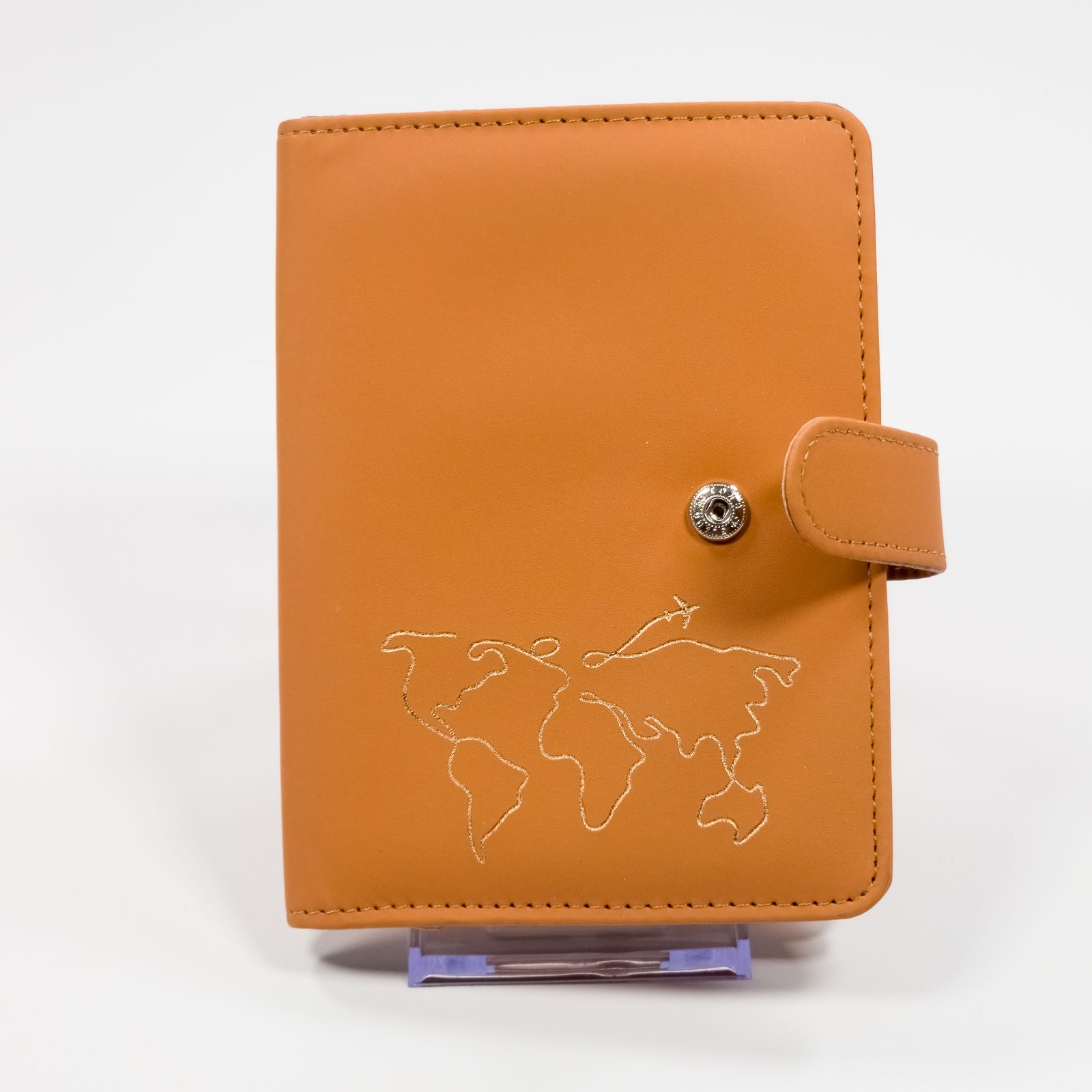 World Map Passport Holder Wallet Travel Case Snap Button Tan Faux Leather