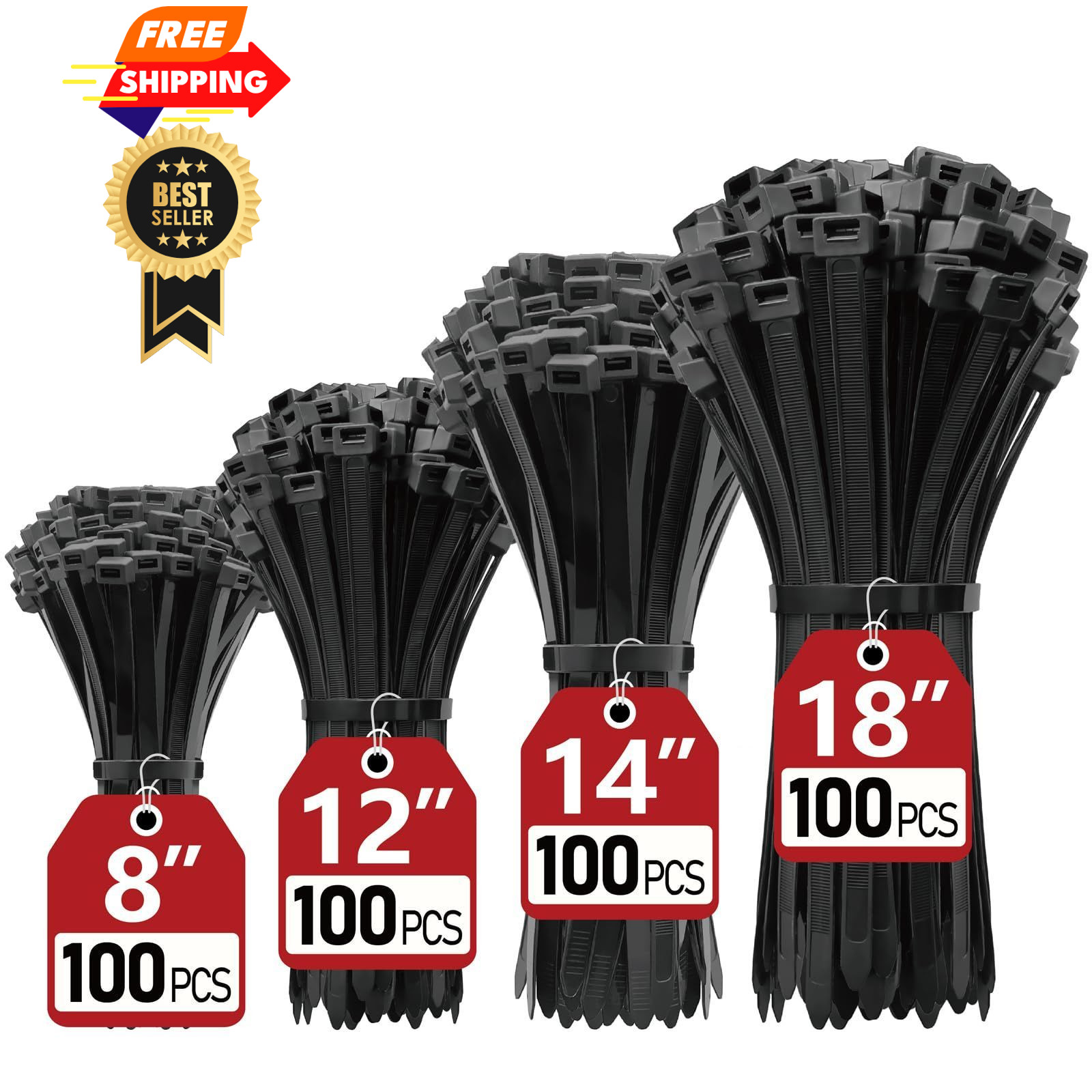 Zip Ties Assorted Sizes(8", 12", 14", 18")- 400 8+12+14+18 (400 Pack), Black