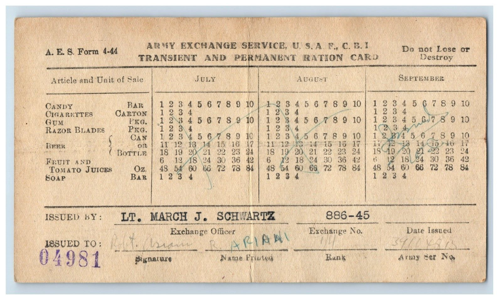 1944-45 US Army CBI Chit Exchange Service Ration Card China Burma India #6M
