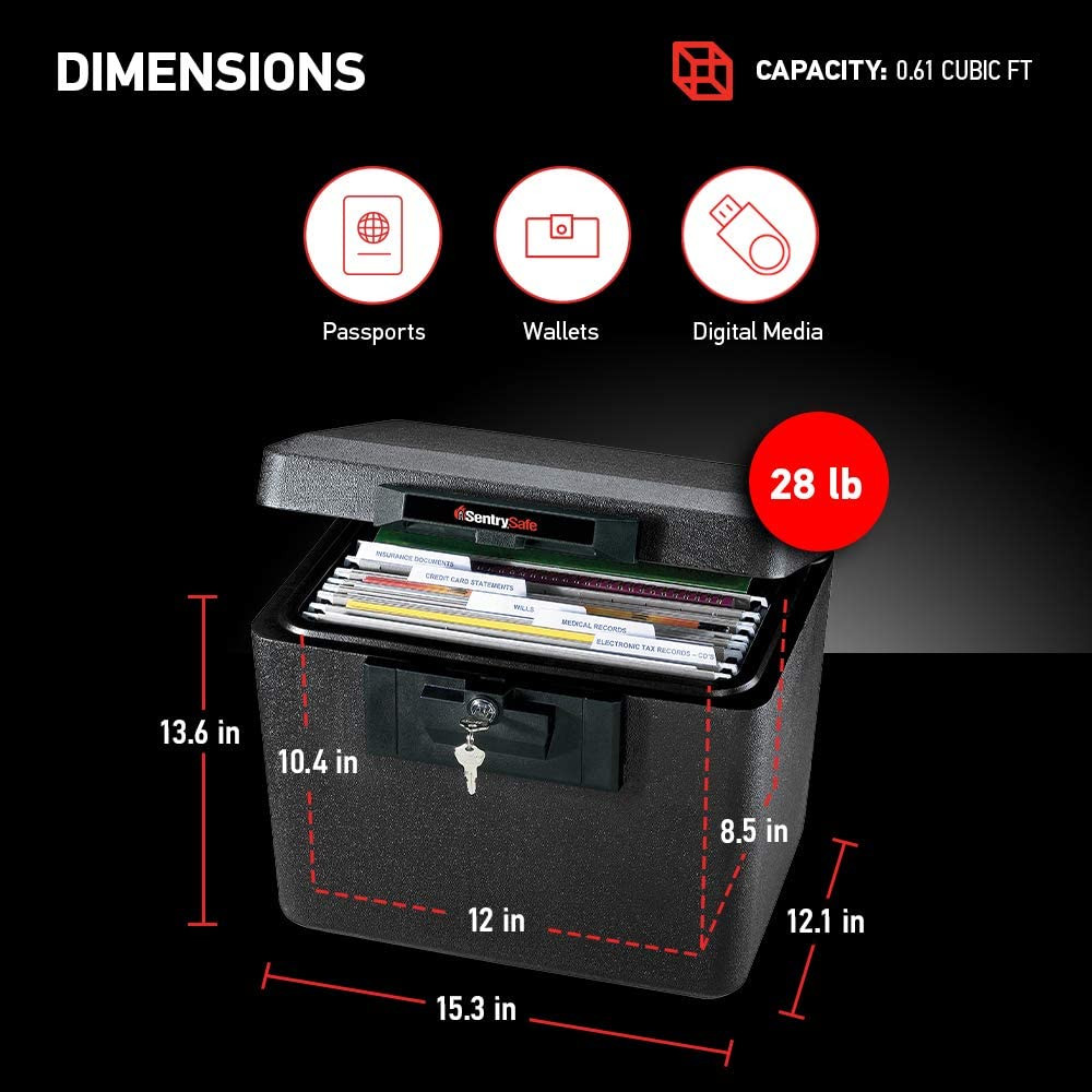 Black Fireproof Document Box with Key Lock, Safe Secures Files and Documents for