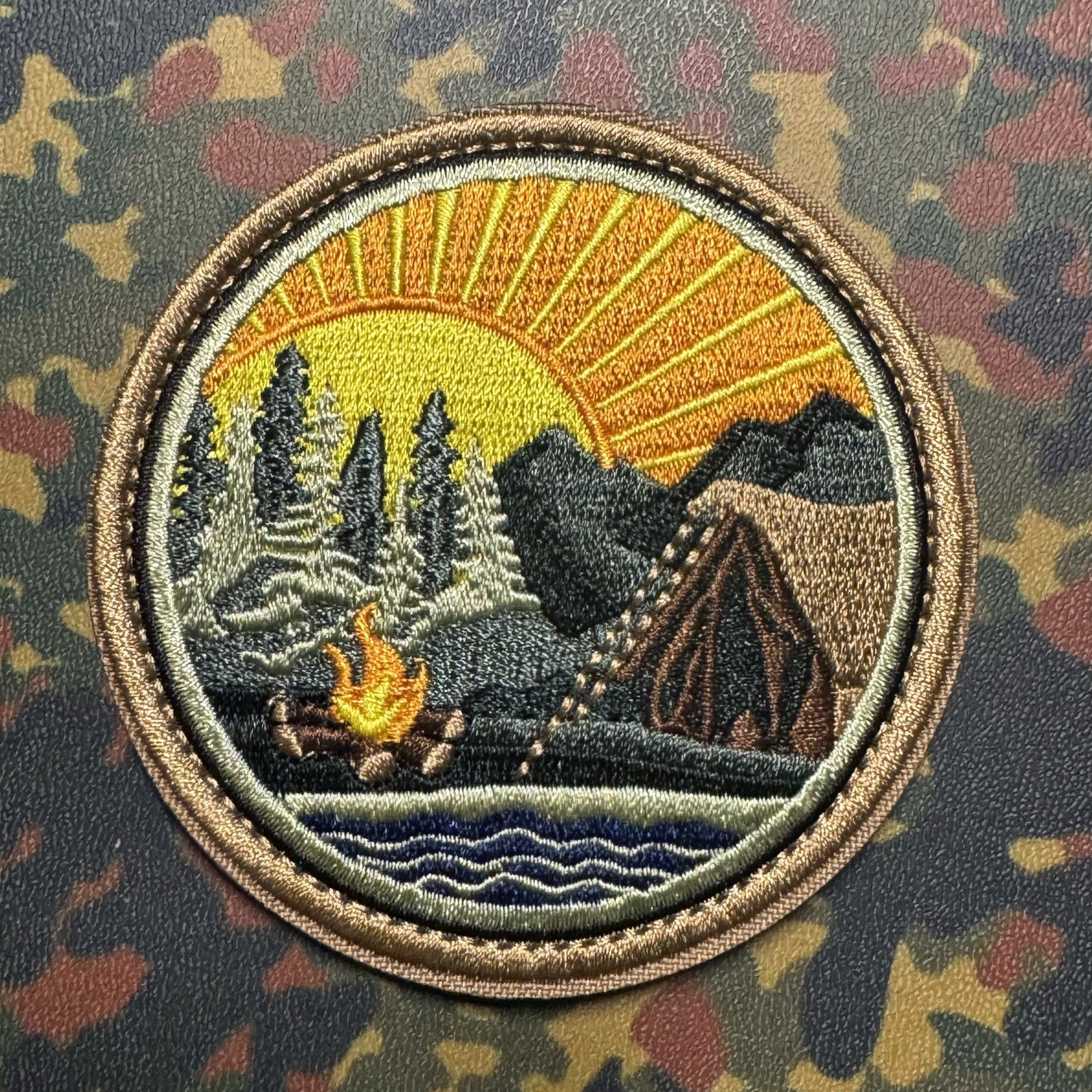 CAMPSITE SUNSET Round Embroidered Patch Hook/Loop BACKPACKING CAMPING PDW