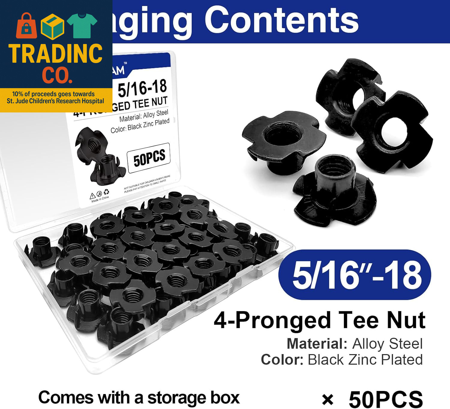 50 Pack 5/16"-18 T Nuts for Wood, Black Carbon Steel 4-Prong Tee Nuts for Furnit