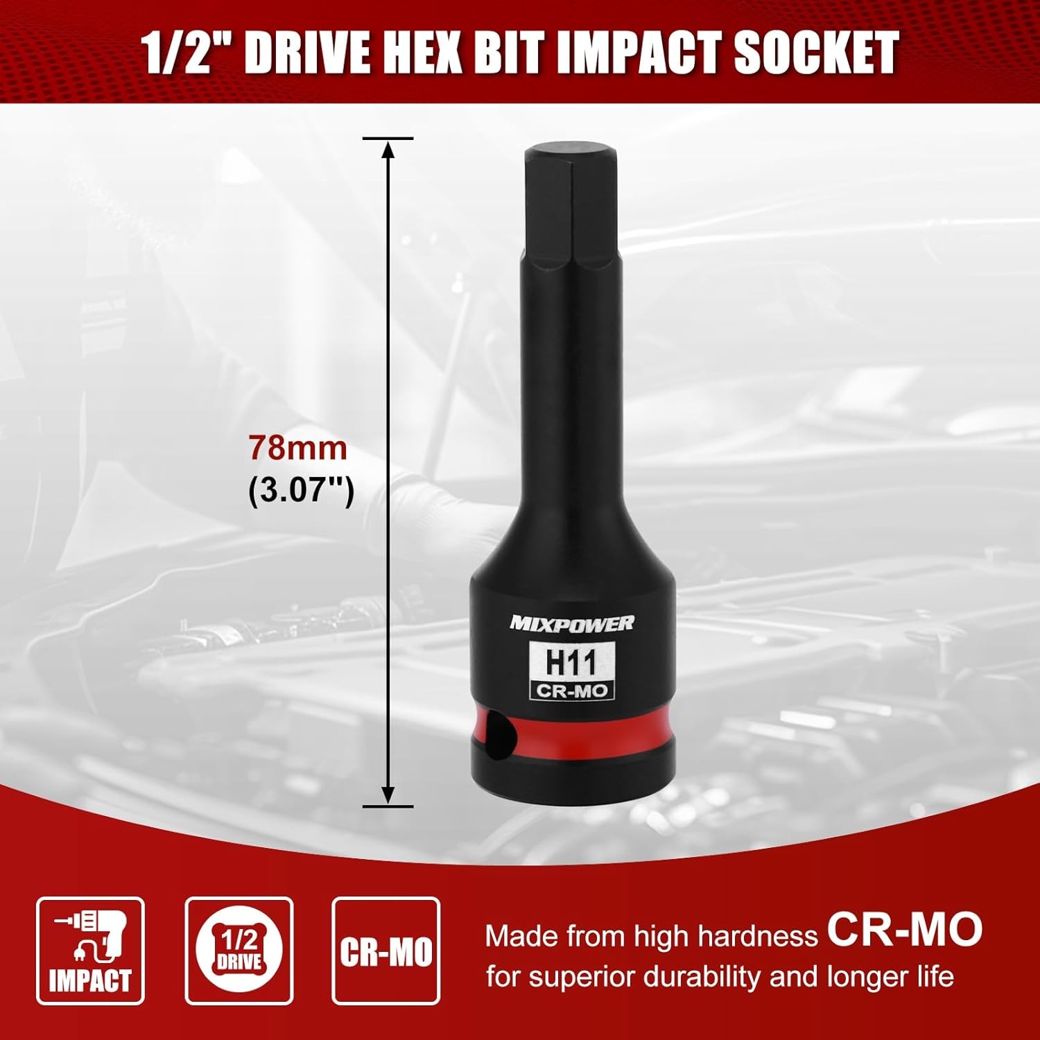 MIXPOWER 1/2" Drive 11mm Hex Impact Bit Socket, Allen 1/2Dr.11mm