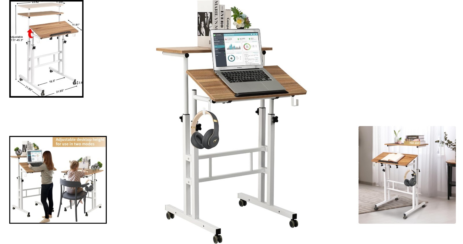 Compact Rolling Computer Desk - Ergonomic Height Adjustable in Vintage Oak