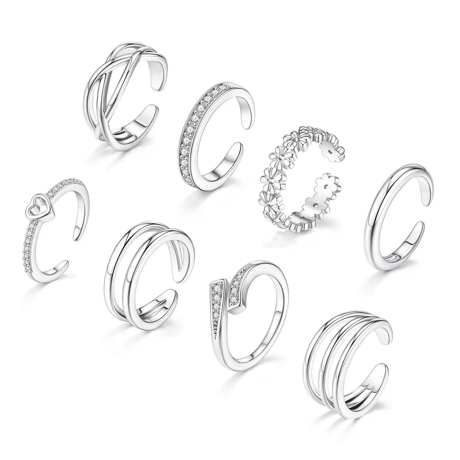 8 Pcs Toe Rings for Women Ring Non Tarnish Adjustable, Silver