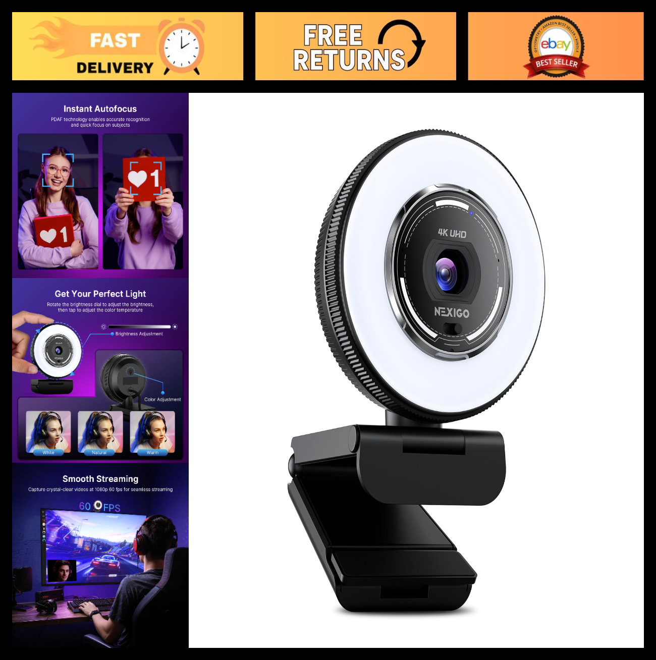 4K Webcam with Ring Light, PDAF Autofocus, 1080p 60FPS, Dual Mics, USB Plug-and-