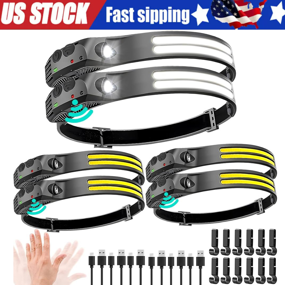 COB LED Headlamp USB Rechargeable Headlight Bar Head Band Torch Work Light 6000K
