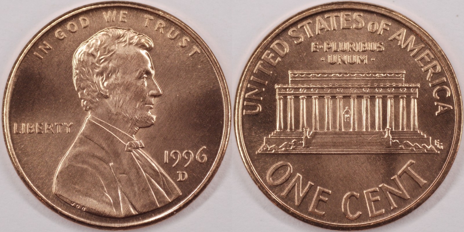 United States 1996 D 1 Cent Lincoln Memorial KM#201a Copper Plated Zinc