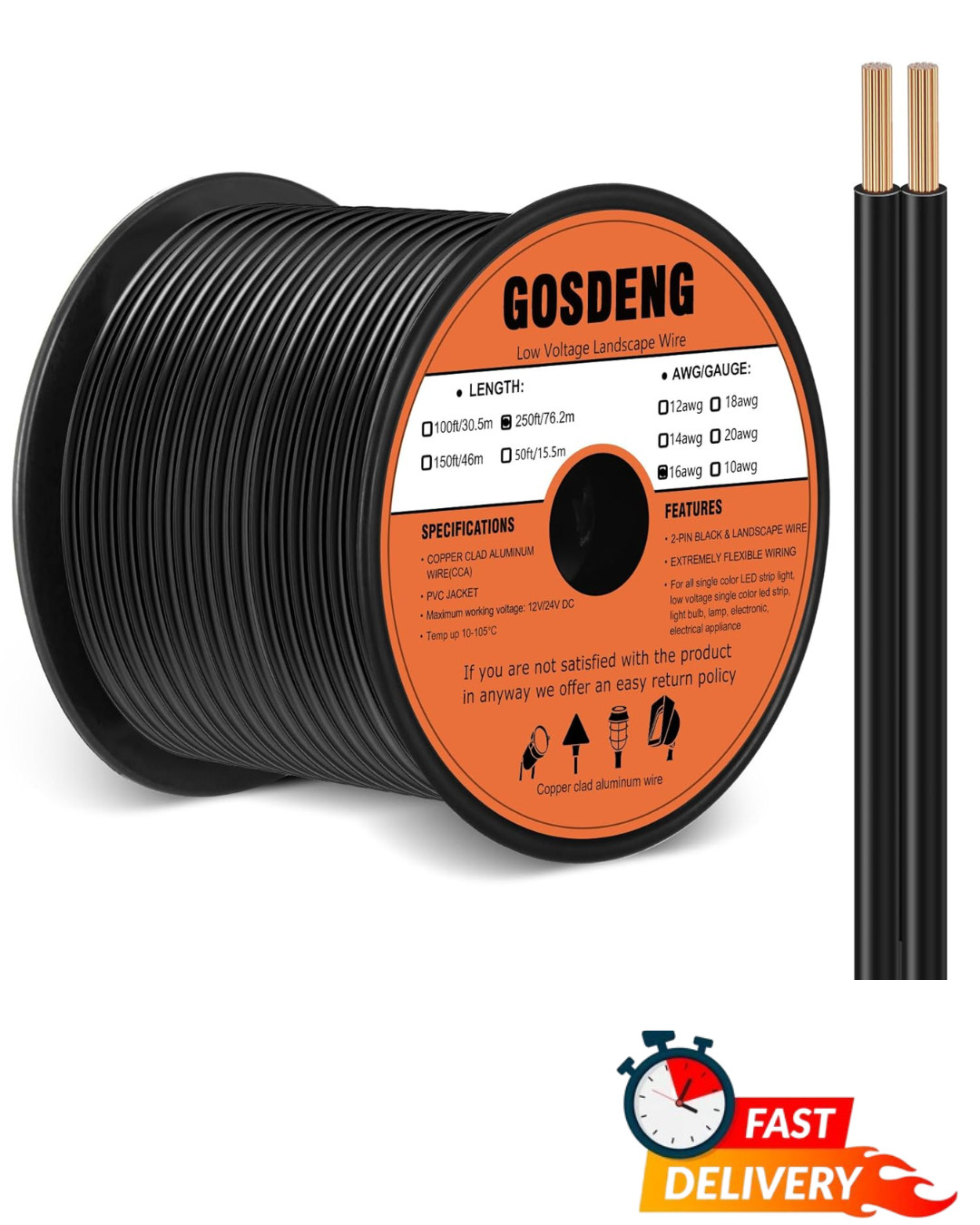 16/2 Low Voltage Landscape Wire 250FT 12 Gauge Outdoor Lighting Cable