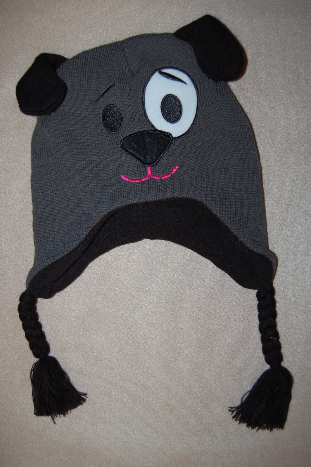 Boys Knit Critter Hat PUPPY DOG Gray Black WHITE CIRCLE AROUND EYE