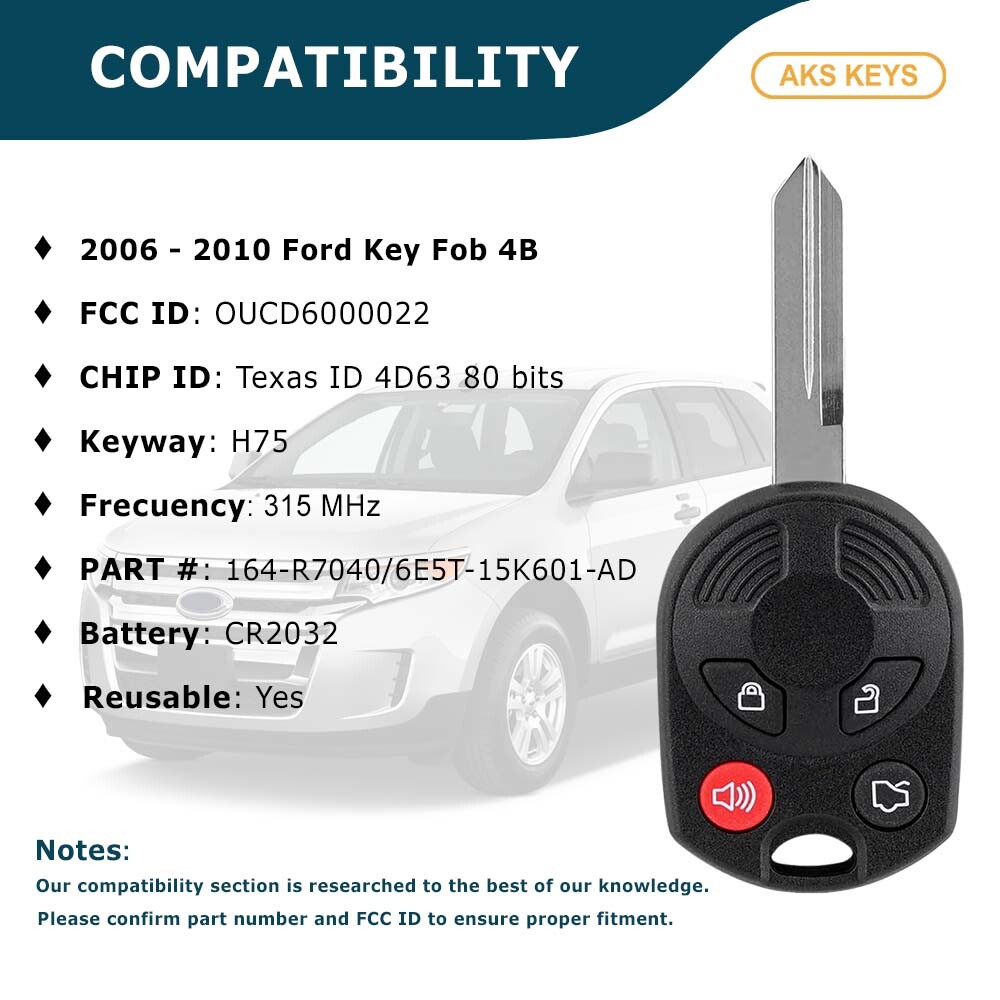 New 4B Uncut Remote Head Ignition Key Keyless Combo Fob Replacement for Ford 4B